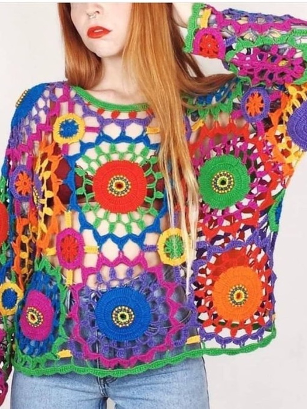 Contempo Multicolor Crochet Crewneck Sweater - Vibrant Boho Style